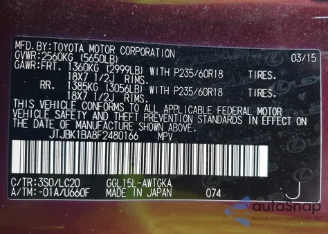 2015 Lexus Rx 350 z USA, uszkodzony, nr VIN JTJBK1BA8F2480166